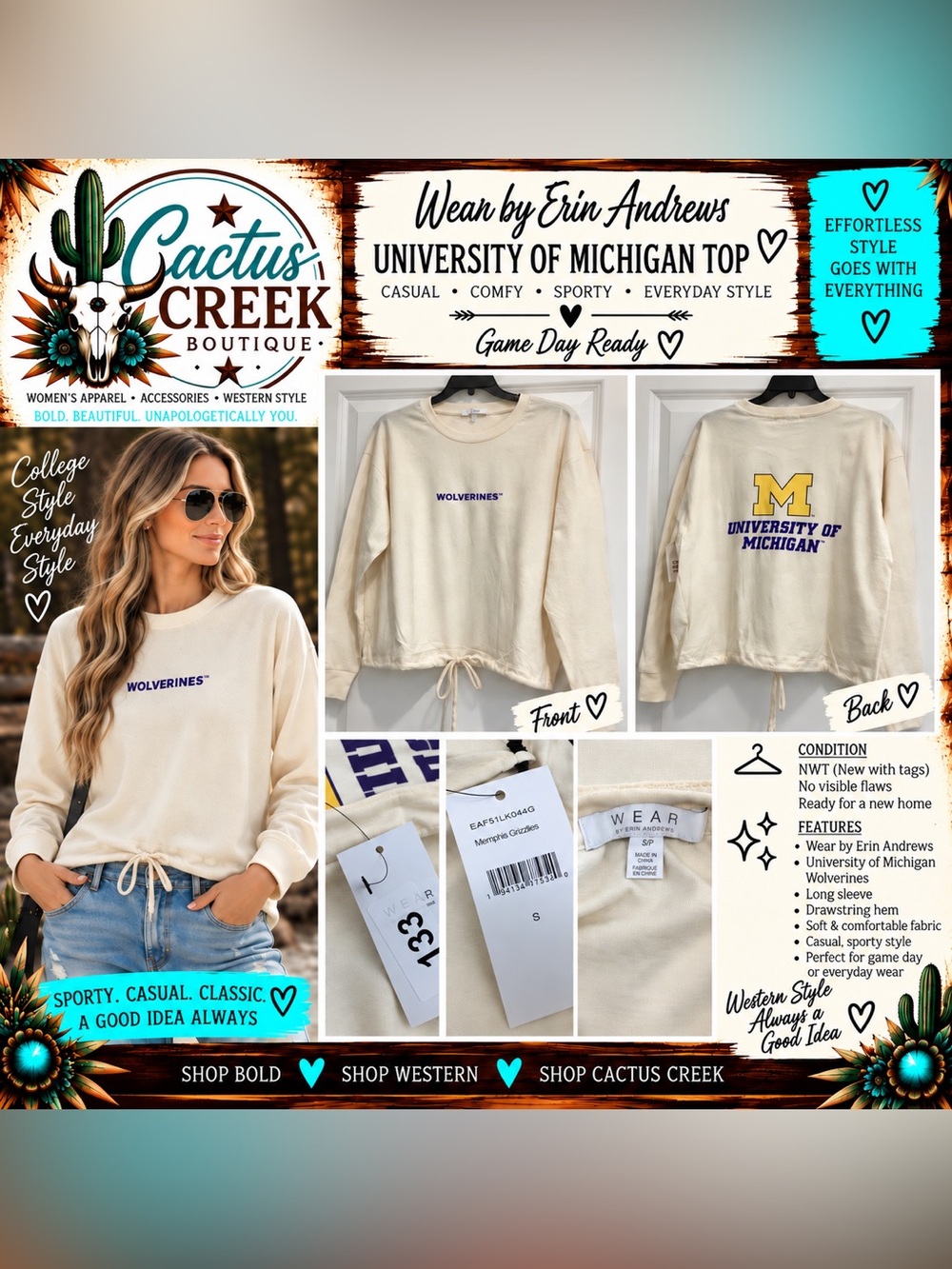 UNIVERSITY OF MICHIGAN Cream Drawstring Long Sleeve Tee Shirt - Size S - NWT
